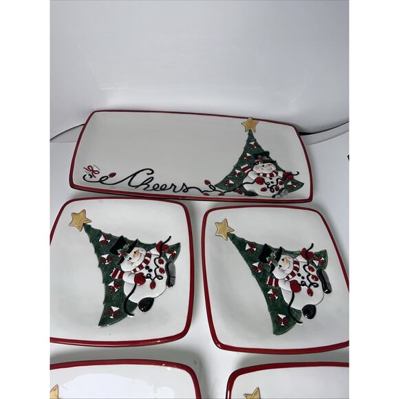 Fitz & Floyd 2007 Cheers Christmas LIghts Snowman Snack Canape Plates 4 & Tray - Picture 5 of 7